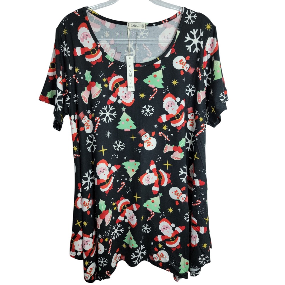 Larace Women 3X Tunic Top Black Christmas Santa Snowman Sharkbite Hem Tee New